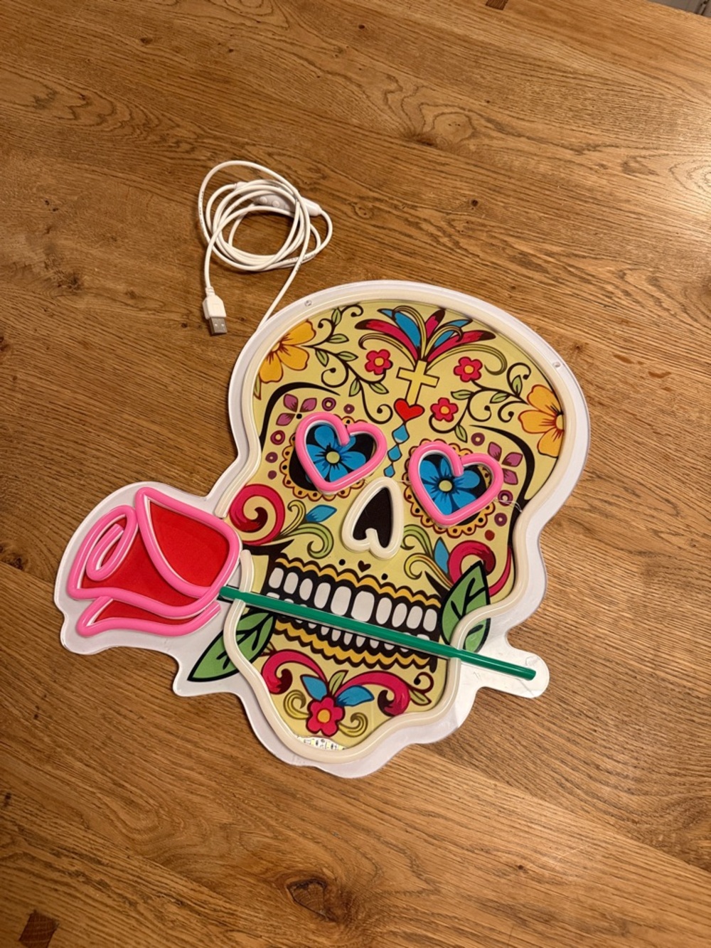 Sugar Skull Neon Wall Light with Rose